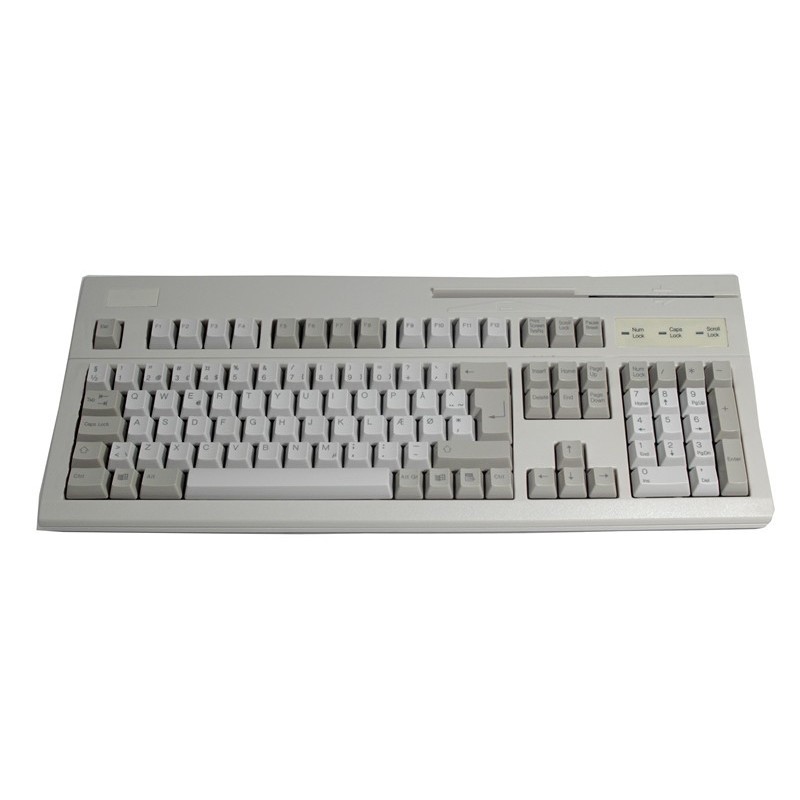 Keyboard med DK/S/N taster og med magnetkortlæser til spor 1, 2 og 2 PS/2. USB emulering med adapter