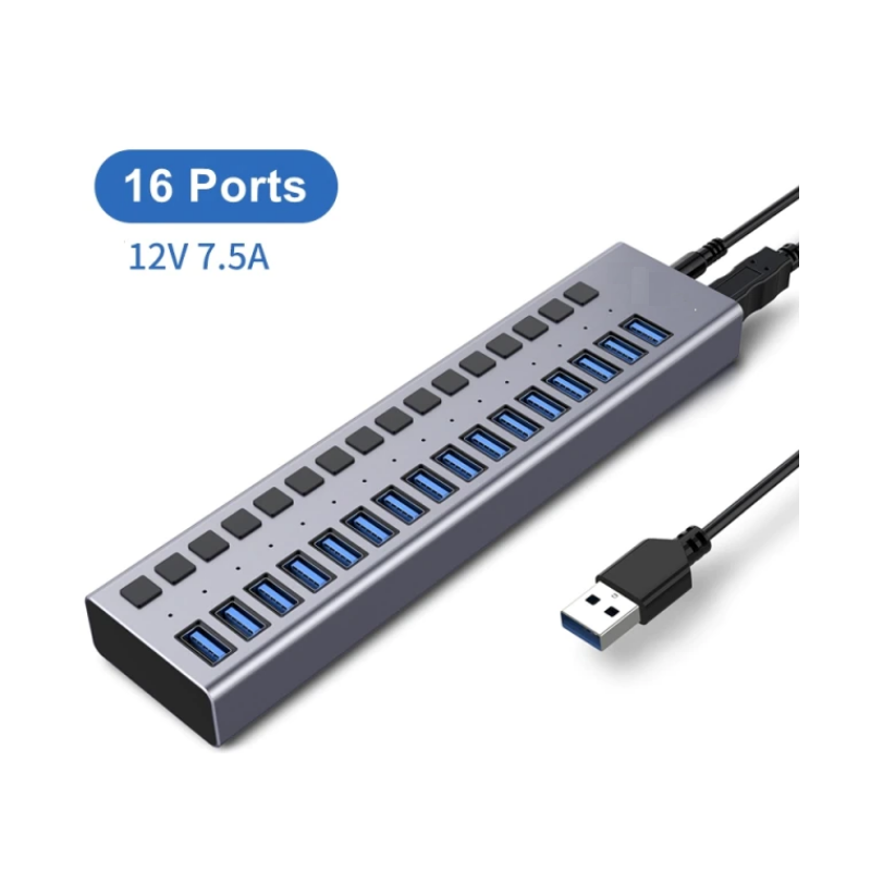 16 ports USB 3.0 lader med HUB. Lader med op til 1 Amp per port.