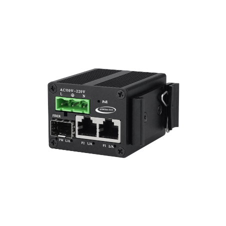 Mini, mikro størrelse mediekonverter 2 x RJ45 med 1 x fiber SFP slot, 85 - 250VAC