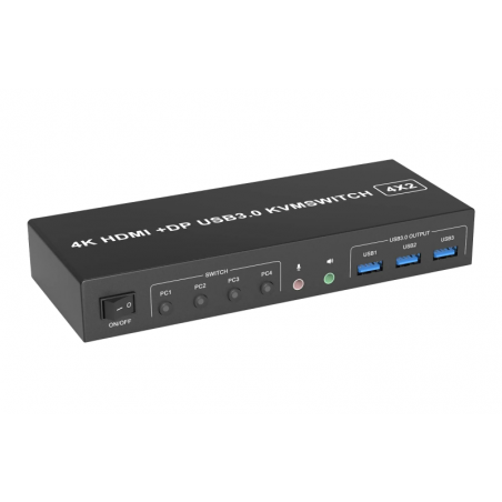 4 Ports HDMI & DisplayPort KVM Switch, 4K, Understøtter Multi Monitor, 3x USB