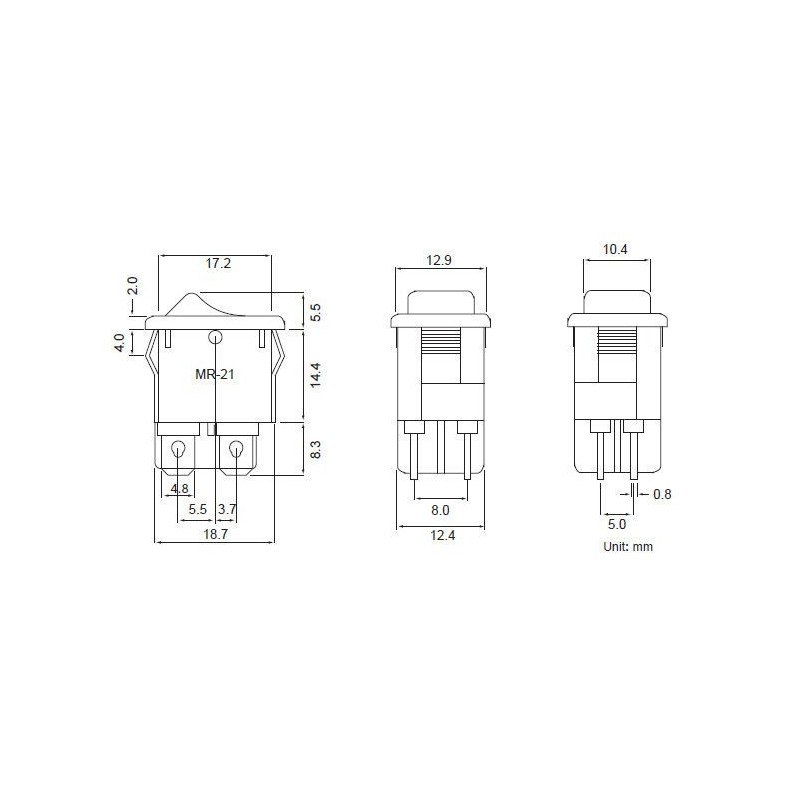 4 polet vippe afbryder 13 x 19mm ON/OFF 250VAC 6A AT Afbryder